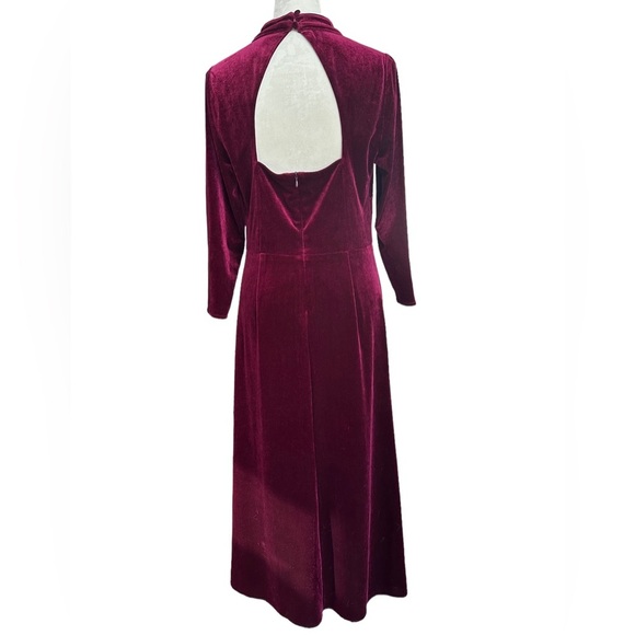 Eliza J midi ruched high collar open back burgundy velvet party dress - Picture 7 of 8